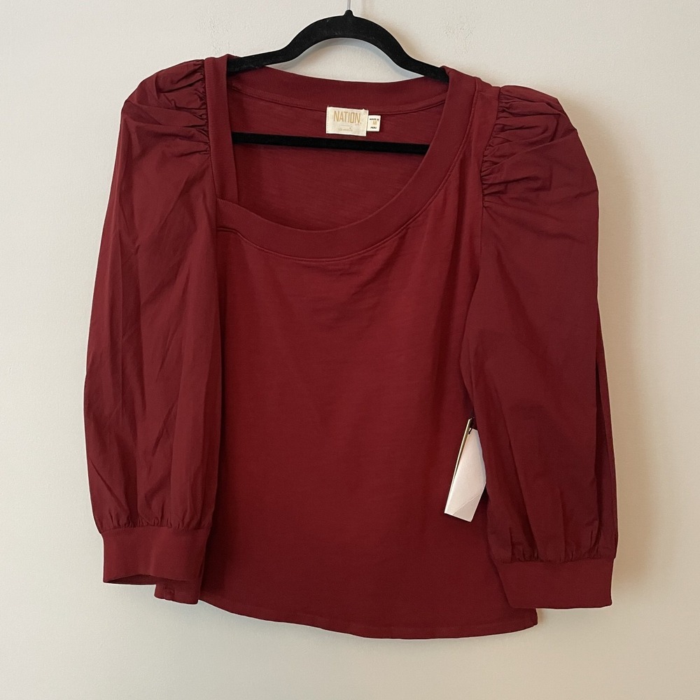 NWT Nation LTD Tori Asymmetric Combo Puff Sleeve Cotton Top Burgundy Size M READ
